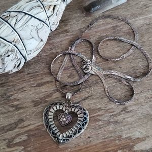 vintage sterling silver cutout filigree heart pendant herringbone chain necklace